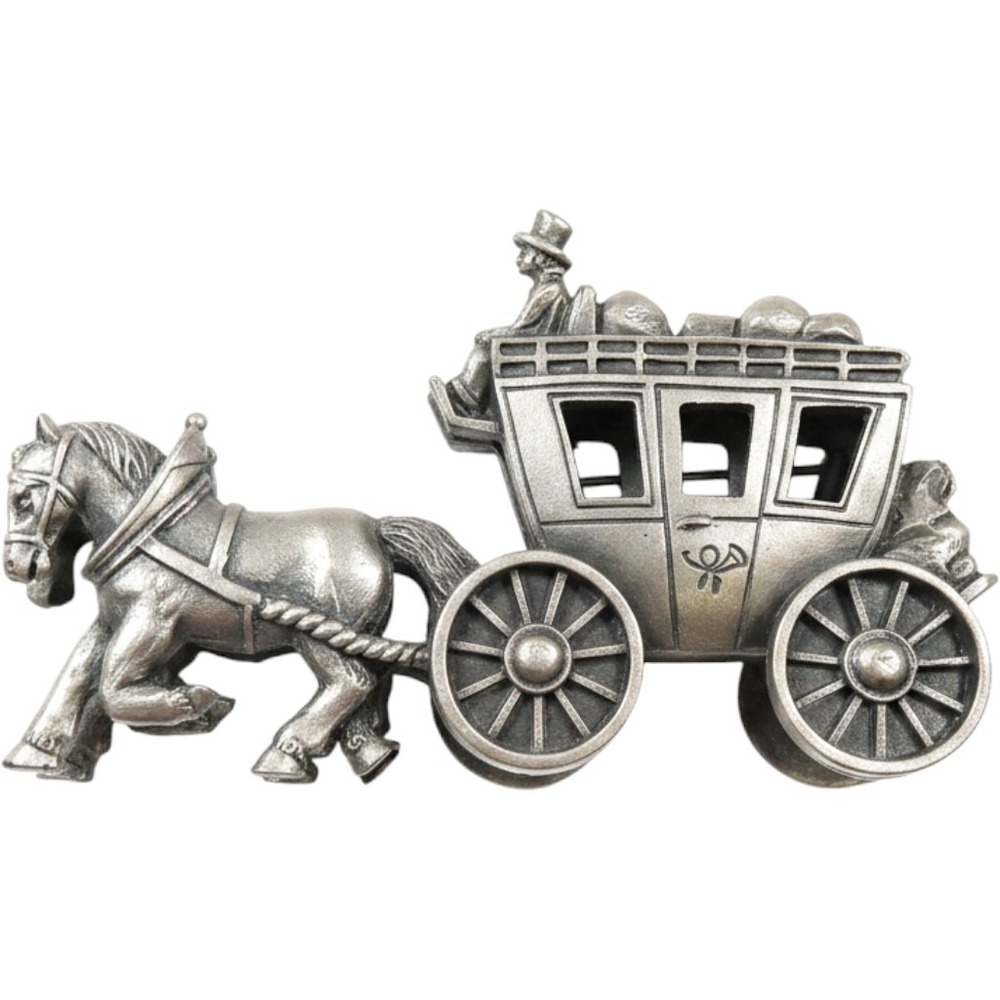 Vintage Metal Stagecoach Horse Carriage Figurine Miniature Silver Tone Decor